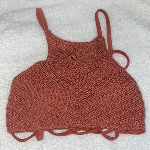 HIGH-NECK KNIT HALTER BIKINI TOP